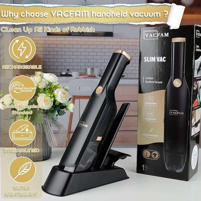 Handheld Vacuum Cordless, 15KPA High Power Suction, USB Quick Charge, Car Vacuum Cleaner with Storage Dock, Lightweight Rechargeable Dust Buster with Crevice Tool & Pet Brush Hand Vac for Home, Black