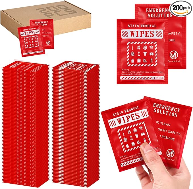 Timgle 200 Pcs Stain Remover Wipes Individual Wrapped Wipes Stain Remover Mini for Clothes Fabric Laundry Carpet Messy Eater Car Seat Upholster Clean (Red)
