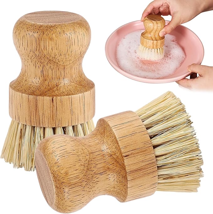 2er Pack Palm Pot Brush- Bamboo Round Mini Dish Brush Natural Scrub Brush Durable Scrubber Cleaning Kit with Union Fiber and Tampico Fiber for Cleaning Pots, Pans and Vegetables (B, L)