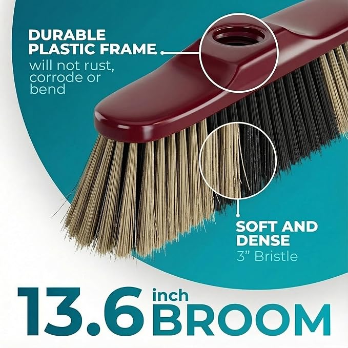 HELOMOR Indoor Push Broom with Dustpan Combo Set, Long Handle Floor Sweeping Broom for Kitchen, Garage, Office, Bathroom, Wood & Parquet Floors (2 Pack)
