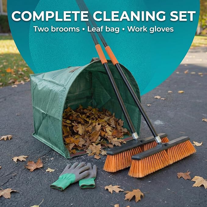 HELOMOR Outdoor Broom Set, 2 Pack Push Broom Outdoor with 62” Long Handles, Heavy Duty Brooms for Driveway, Deck, Garage & Patio, Includes Dustpan Bin and Work Gloves