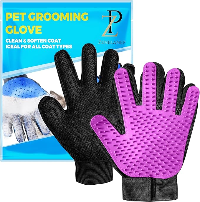 ZENELANEP Upgrade Pet Grooming Gloves, Grooming Gloves for Dogs, Cats, Rabbits & Horses with Long and Short Hair, Efficient Pets Hair Remover Mittens - 1 Pair (Purple)