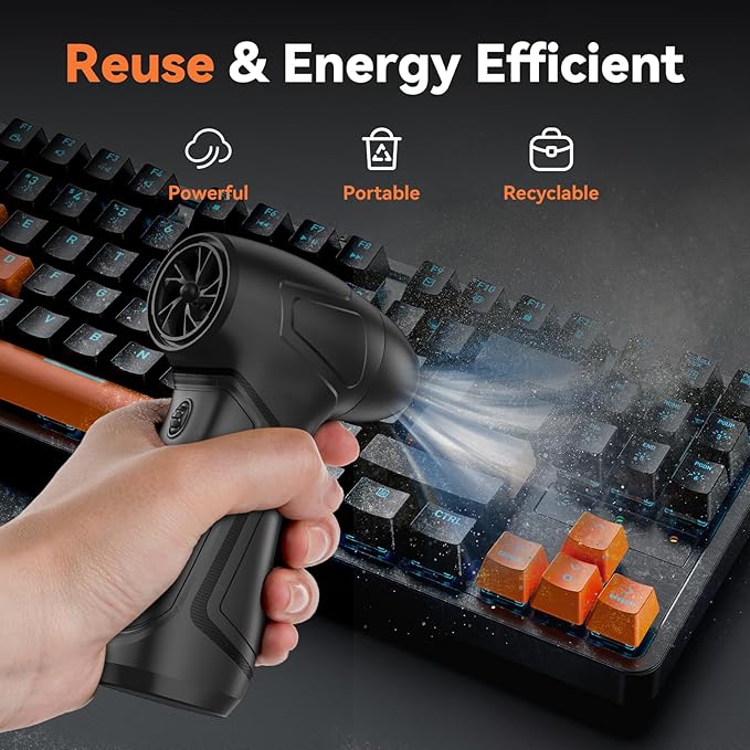 PureWellness Compressed Air Duster Can, Cordless Air Blower, Rechargeable Electric Duster & 3 Nozzles for Keyboard, PC, Home Cleaning, Portable Cleaning Kit, Black