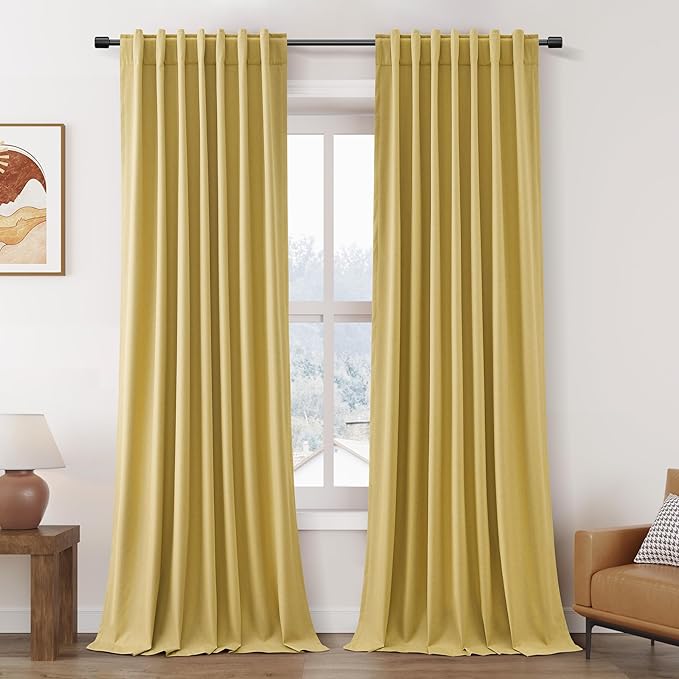 Nanspring Gold Linen Blackout Curtains 108 Inches Long Back Tab Rod Pocket Thermal Insulated Noise Cancelling Full Shading 2 Panels Set for Sliding Door Elegant Modern Curtains Drapes 52x108