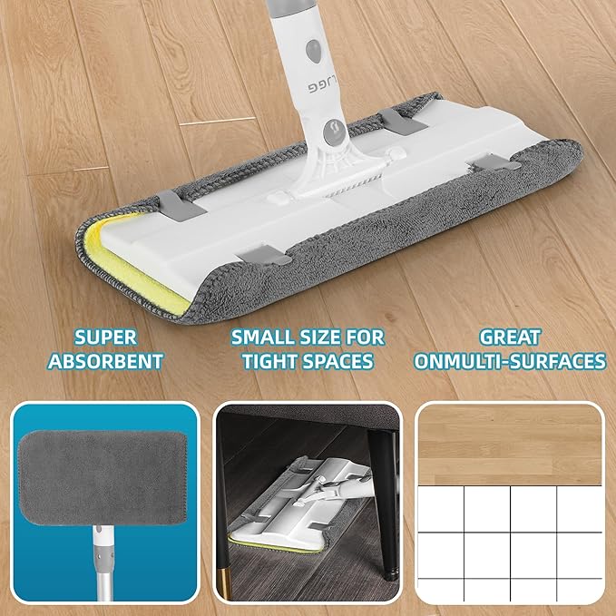 Reusable Microfiber Flat Mop for Floor Cleaning, 10.8 in (27.5 cm) Aluminum Base with 52 in Aluminum Handle, Includes 4 Washable Pads for Wet & Dry Use – LJGG (Gray/Yellow)
