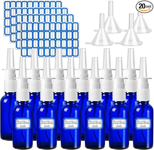20 Pcs Nasal Spray Bottles, 30ML/1oz Blue Glass Refillable Fine Mist Empty Nasal Spray Bottle with 4 Pcs Funnels and 4 Pcs Labels…