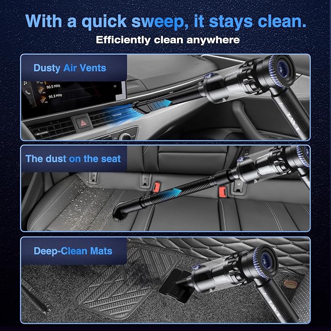 TAVT Car Vacuum Portable Cordless, 19000PA Suction Power [3 Suction Modes] & 6000mAh Battery [USB-C Charging Cable], 4-in-1 Wireless Mini Handheld Cleaner for Home, Car, Pet, Office