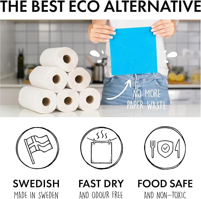 SUPERSCANDI 6 Pack Swedish Dishcloths for Kitchen - 100% Biodegradable & Compostable Reusable Paper Towels Washable, Food-Safe & Without Plastic - Dish Rags for Any Surface, Pink, Green, Blue