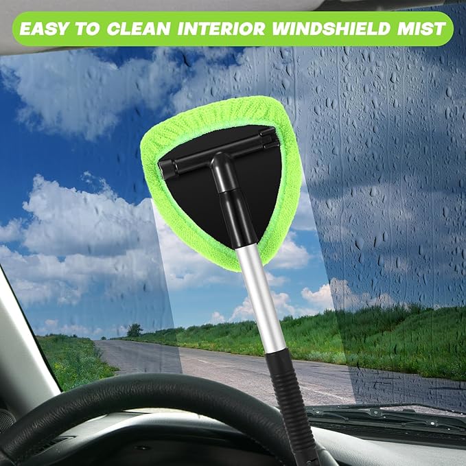 Baderke 10 Pcs Windshield Cleaner Tool Car Window Cleaning Supplies with Extendable Handle Include 6 Washable Microfiber Bonnets 2 Empty 60ml Spray Bottle Glass Wiper Kit (Green)
