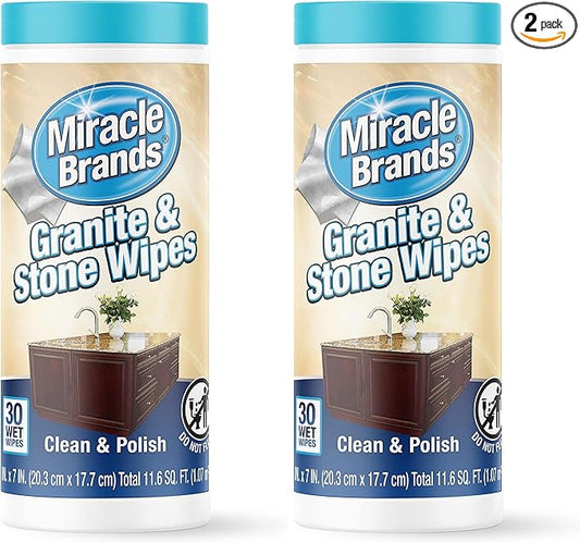 MiracleWipes for Granite & Stone, Clean, Protect, Polish Stone, Marble, Quartz, Slate, Tile, Laminate Surfaces in Kitchen and Bathroom - 30 Count (Pack of 2)