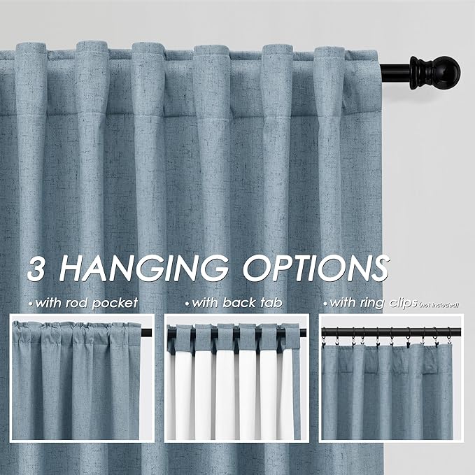 Blue Blackout Curtains 96 Inches Long for Bedroom Linen Blend Back Tab Darkening Drapes for Living Room Elegant Modern Style Black Out Curtains 2 Panels Sound Proof Curtain for Window 52X96