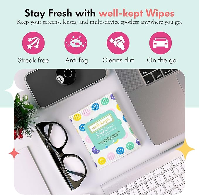 Well-Kept Tech & Lens Wipes - Eyeglass, Screen & Phone Cleaning, Multi-Surface, Lint-Free, Pre Moistened, Streak-Free & Non Scratching - All Smiles, 12 Pack (180 Count)