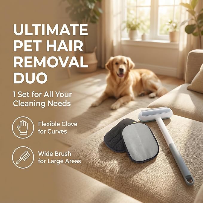 Quppa 2PCS Multi-Functional Pet Hair Removal Tool,Pet Hair Removal Glove & 4-in-1 Reusable Lint Brush Pet Hair Remover,Window Screen Cleaner, Reusable Removal Broom for Furniture