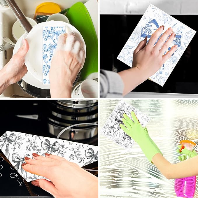 Bow Swedish Dishcloths for Kitchen - 6PCS Pink Blue Black Bowknot Swedish Cloths for Washing Dishes, Ribbon Cotton Reusable Dish Towels, Washable Cleaning Sponge Gifts Quick Drying
