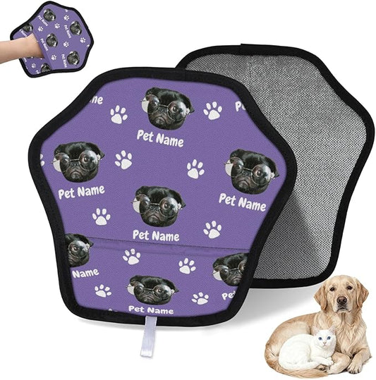 Personalized Pet Hair Remover Glove for Dogs & Cats - Custom Photo & Name Magic Brush for Dog Cat Hair Removal, Reusable Electrostatic Pet Hair Gloves for Furniture Carpet Couch, Face Paw Purple