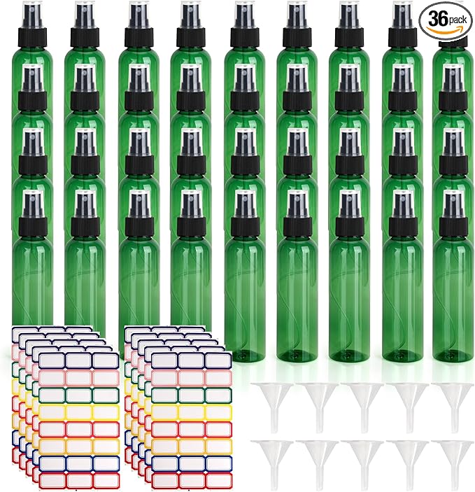 36 Pack Fine Mist Small Spray Bottles 4 oz/120 ml Plastic Spray Bottles, Empty Small Travel Spray Bottle, Refillable Mini Sprayer Bottle Bulk with Funnels and Labels, Green
