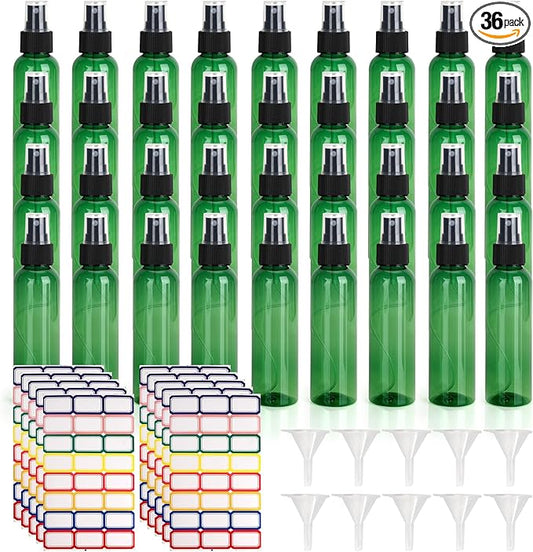 36 Pack Fine Mist Small Spray Bottles 4 oz/120 ml Plastic Spray Bottles, Empty Small Travel Spray Bottle, Refillable Mini Sprayer Bottle Bulk with Funnels and Labels, Green