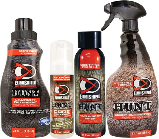 Bryson Industries Elimishield Starter Kit: Scent Control for Hunting (Laundry Detergent, Body Foam Sanitizer, Hair and Body Wash, and Spray),BELM0428