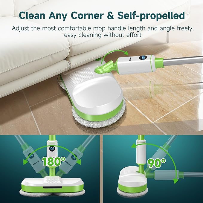 AlfaBot Cordless Electric Mop for Floor Cleaning, Dual Spin Mop with LED Headlight /Water Spray/Self-Propelled,Clean up to 2700 ft²,Rechargeable Electric Mops with Big Water Tank for Multi Floors