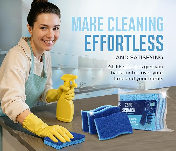 RSLIFE Blue Scrub Sponges Pack of 6 – Dual-Sided Kitchen Sponges for Cleaning – Non Scratch for Dishes, Bathroom, Surfaces – Durable Dishwashing Sponge