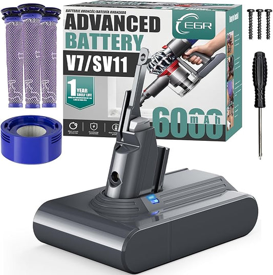 EGR Advanced 6000mAh V7 Animal Battery Replacement Compatible with Dyson SV11 V7 Motorhead/Animal/Trigger V7 HEPA V7 Car+Boat V7 Absolute Handheld Vacuum Cleaners (Not Fit V6, V8, V10)