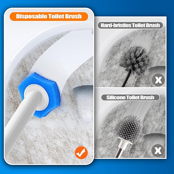 NEWE Disposable Toilet Brush, Toilet Bowl Wand Holder Set with Upgraded Clamping System, 16PCS Cleaner Refills, Bathroom Cleaning Tool for Sink Bathtub Drain Wash Basin Urinal