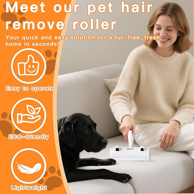 Pet Hair Remover Roller & Self-Cleaning Grooming Brush (2-in-1), Reusable Fur Tool for Dogs Cats Shedding, No Sticky Sheets for Pet Hair Removal on Furniture, Couch, Carpet, Bedding, Car Seats