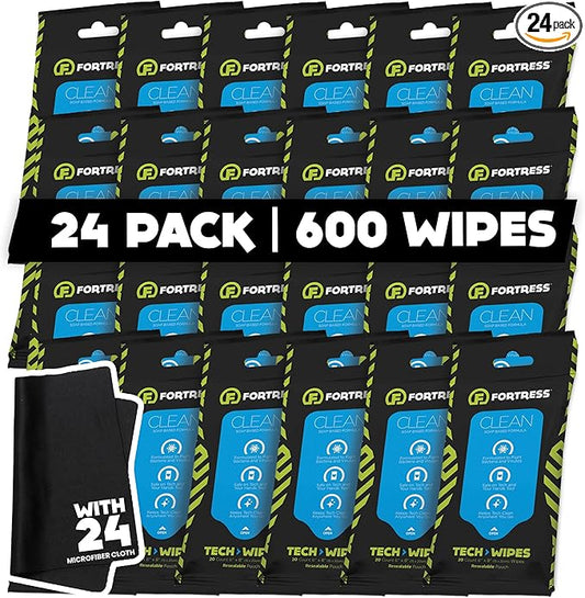 Fortress Electronic Wipes With Microfiber Cloth (25 ct, Pack of 24) To-Go Tech Wipes for Screens, Phones, Keyboards, TV Monitors, Computer Screens, and More [Travel Size] Skin-Safe