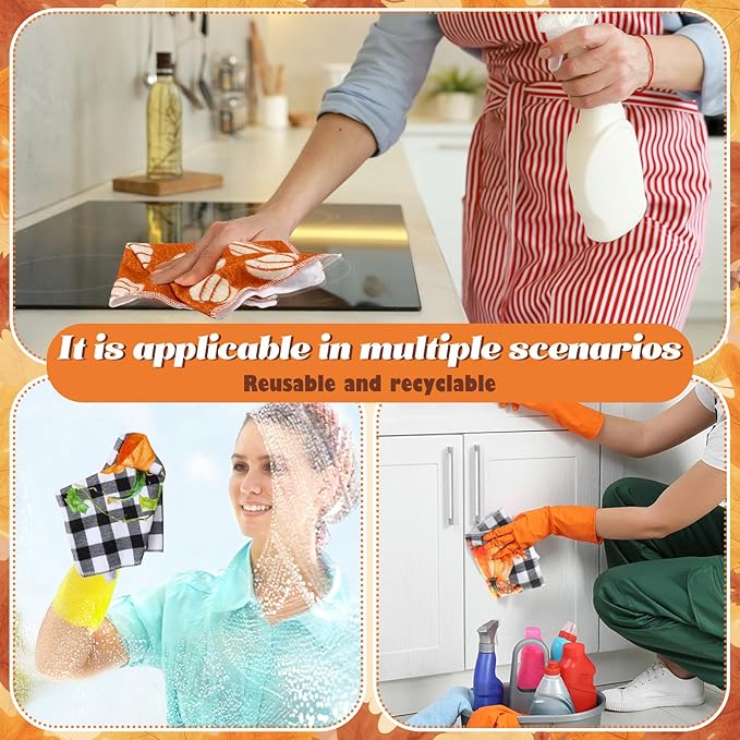 36 Pcs Fall Reusable Paper Towels Rolls Washable Bulk Autumn Pumpkin Black White Plaid Kitchen Towels Paperless Reusable Cloth Cotton Napkins with Cardboard for Kitchen Bathroom