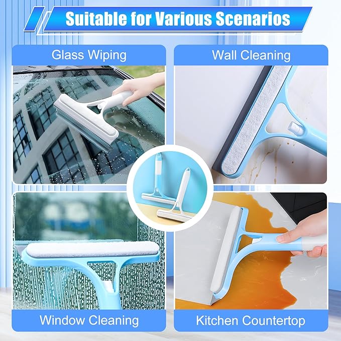 2PC 3 in 1 Window Cleaning Scraper, 3 in 1 Spray Squeegee, Window Squeegee with Spray, for Kitchen, Bathroom, Wall, Glass Windows, Table Top, Car Window (Blue + White)