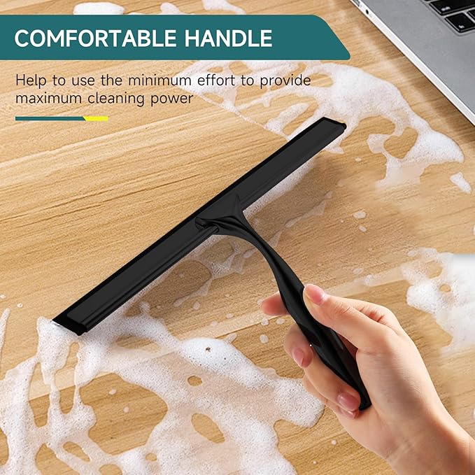 2 Pack All-Purpose Stainless Steel Shower Squeegee with 2 Adhesive Hooks, for Shower Doors, Bathroom, Window, Mirror, Glass, Tile Wall, Car Windshield Cleaning Tool, 10 Inch, (Black)