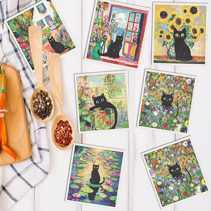 Swedish Dishcloths for Kitchen, 6 Pack Oil Painting Black Cat Reusable Paper Towels Washable, Absorbent Dish Rags for Washing Dishes Housewarming Gifts