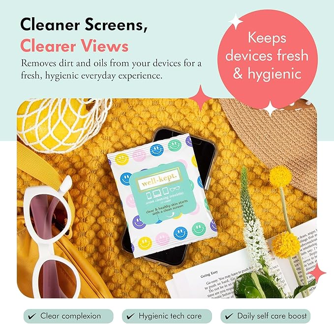 Well-Kept Tech & Lens Wipes - Eyeglass, Screen & Phone Cleaning, Multi-Surface, Lint-Free, Pre Moistened, Streak-Free & Non Scratching - All Smiles, 12 Pack (180 Count)
