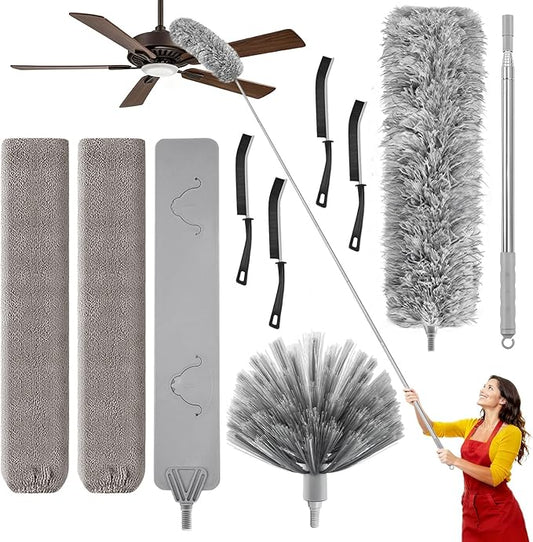 MimAuto 100-inch Duster with Extension Pole, 9-in-1 Cobweb Duster Kit Includes Spider Web Brush & Flat Gap Cleaner for High Ceiling, Fan, Under Appliances, Car, Home Deep Cleaning