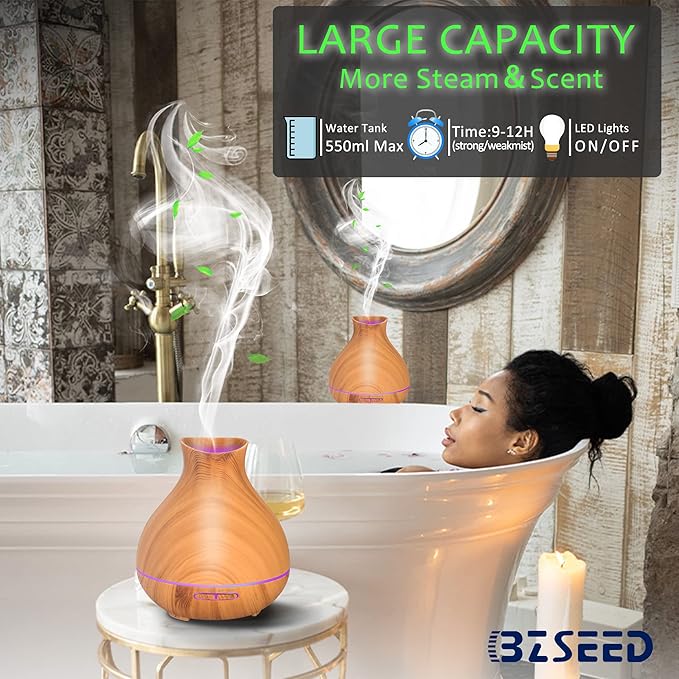 BZseed Aromatherapy Essential Oil Diffuser,2 PCS Humidifier with 550ml Lasting Mist Output Waterless Auto-Off Ultrasonic Diffusers 7 Color LED Lights Cool Mist Humidifier for Large Room, Home