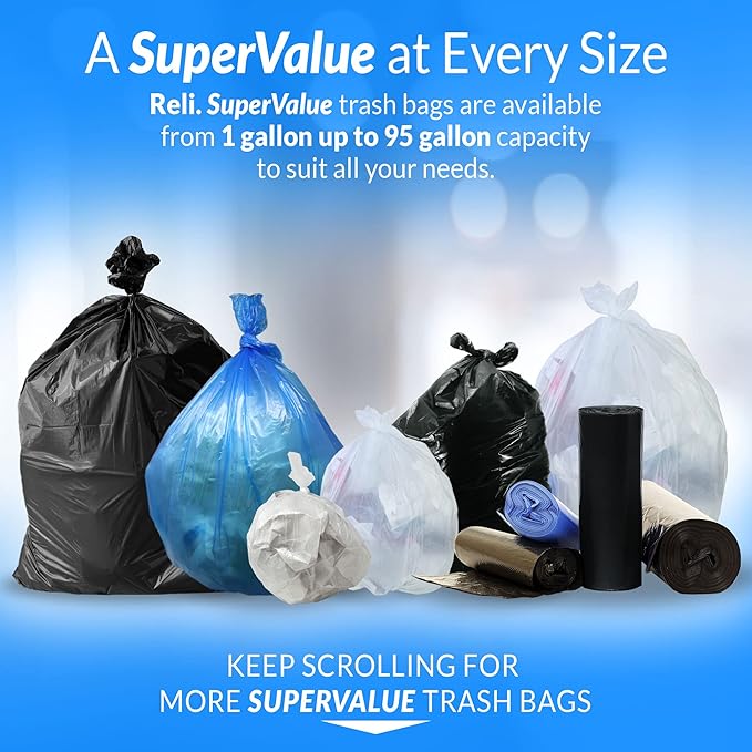 Reli. SuperValue 33 Gallon Trash Bags | 125 Count | Made in USA | Heavy Duty | Black Multi-Use Garbage Bags