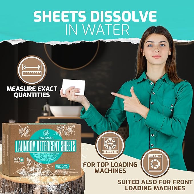 Laundry Detergent Sheets - Ocean Breeze Scent - Zero Waste, Plastic Free Natural Soap - Travel Size Essentials for Washing Clothes, 100 Loads