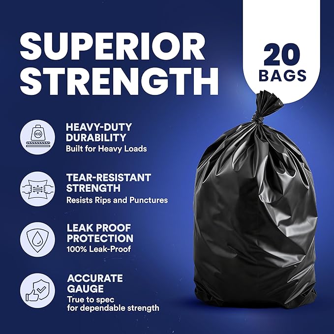 Plasticplace Contractor Garbage Bags: 55 Gallon Trash Bags Heavy Duty, Big Black Trash Bags, 36"x58", 6.0 Mil, Pack of 20
