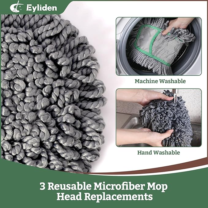 Eyliden Pro Dust Mops for Floor Cleaning - Total 3 Washable Microfiber Pads, One-Click Replacement, Telescopic Handle, Professional Design for Floors & Pet Hair (Grey+Green)