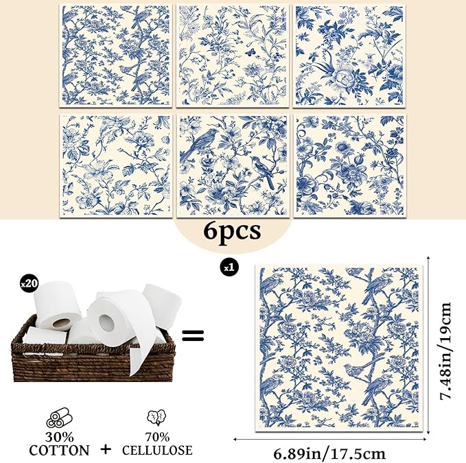Blue Floral Swedish Dishcloths for Kitchen, 6 Pack Blue Whihe Floral Swedish Dish Cloths, Absorbent Fast Drying Sponge Cleaning Paper Towels for Cooking Home Decoration Housewarming Gift