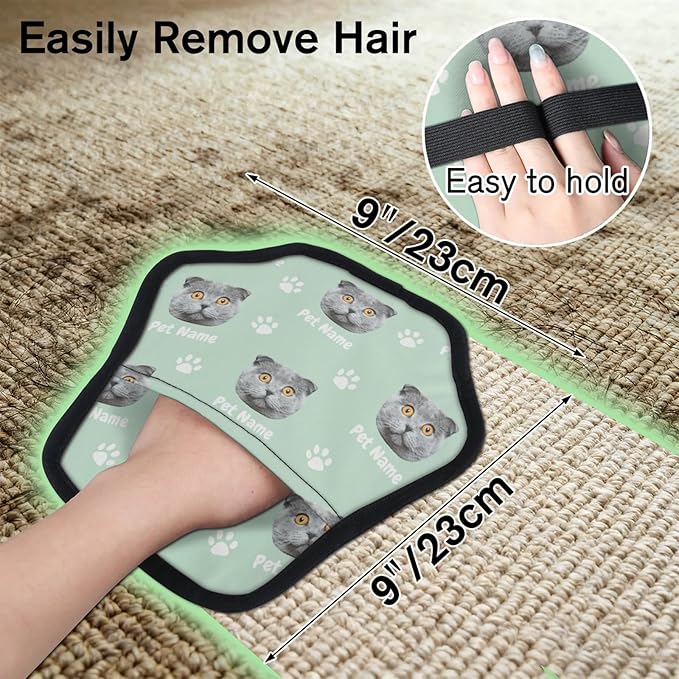 Personalized Pet Hair Remover Glove for Dogs & Cats - Custom Photo & Name Magic Brush for Dog Cat Hair Removal, Reusable Electrostatic Pet Hair Gloves for Furniture Carpet Couch, Face Paw Green