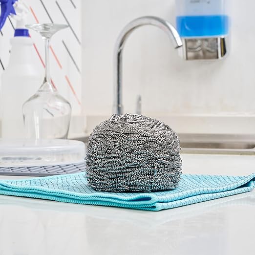 Restaurantware Stainless Steel Scrubber 100 Pack 3.543 x 3.543 x 2.362 Inches Heavy-Duty Metal Cleaning Pad Rust-Resistant Kitchen Scouring Tool for Tough Cleaning Silver