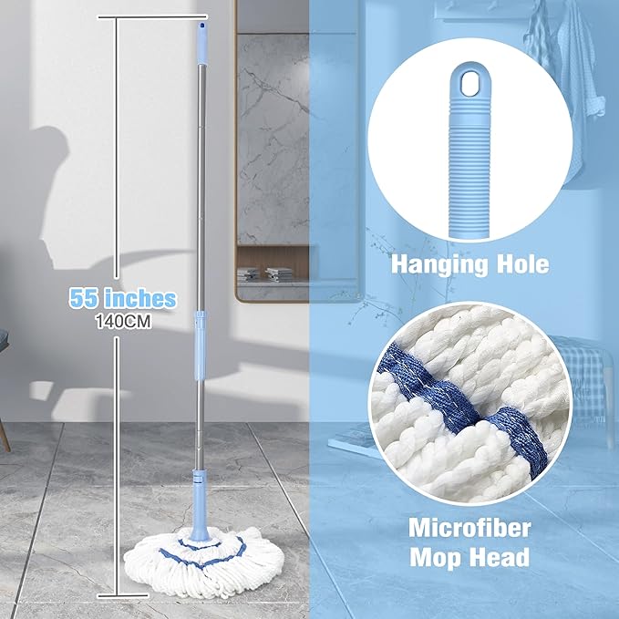 NEWE Self Wringing Twist Mop for Floor Cleaning, Upgraded 18-inch Wide Microfiber Mops, 55 Inches Long Handle Wet Dry Kitchen Easy Squeeze String Mop for Wood, Hardwood, Tile, Marble (Blue)