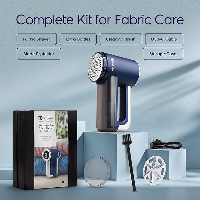Electrolux Rechargeable Fabric Shaver | 3-Speed Lint Remover for Clothes & Furniture | Eliminates Fuzz & Pilling | Electric Lint Shaver with LED Display & Type-C Fast Charging Port - Blue