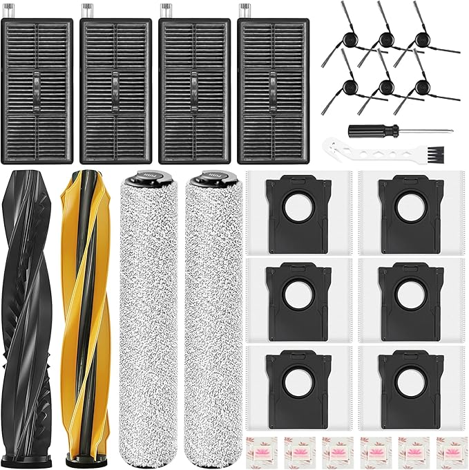 28 Count Replacement Parts for DREAME Aqua10 Ultra Roller Robot Vacuum, 1 Pair Main Brushes, 2 Roller Mops, 4 Filters, 6 Side Brushes & Dust Bags & Scented Tablets, 1 Cleaning Brush & Screwdriver