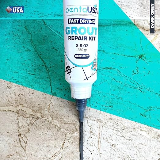 PentaUSA Tile Grout Repair Kit - Dark Grey Filler, Triple Protection, Fast Drying Formula Restores and Renews Lines with Float (8.8oz / 250gr)