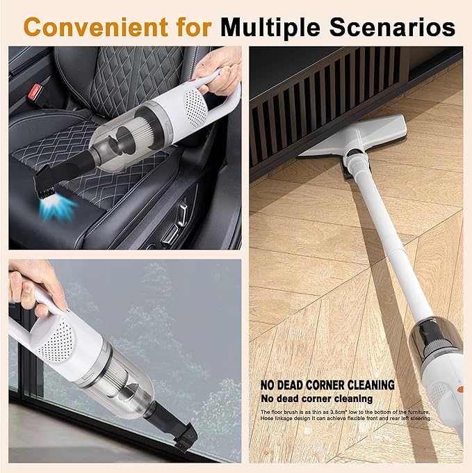 SIPPON 6-in-1 Lightweight Stick Vacuum Cleaner with 100W Powerful Motor, Mini Portable Household Handheld Vacuum Cleaner for Domestic Hard Floors, Carpets and Pet Hair (White Cordless Without Plug)
