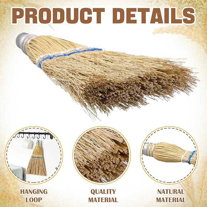 Suclain 2 Pcs 12 Inch Whisk Broom Hand Held Mini Corn Straw Whisk Broom Short Handle with Metal Hanger Halloween for Multi Surface Sweeping Small Hand Brush for Outdoor Car Porch Debris Dust Dirt