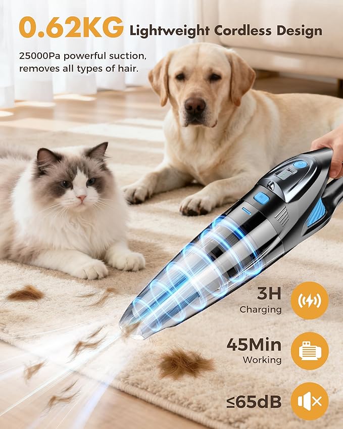 ZIHUOFAN Handheld Vacuum Cordless 25000PA Powerful Suction, Car Vacuum Portable Cordless（Dark Gray+Blue）