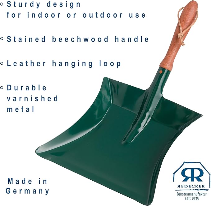 REDECKER Heavy Duty Steel Dust Pan, Powder-Coated, Large Green Dustpan with Long 16-1/2-Inches Oiled Beechwood Handle for Home, Outdoor Dustpan, Made in Germany - Dust Pan Steel Green
